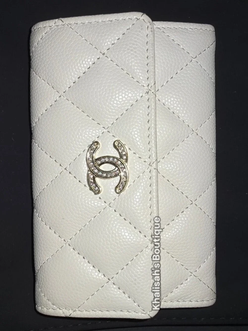 Ultra RARE! CHANEL CAVIAR CLASSIC FLAP CC CRYSTAL LOGO WHITE WALLET CARD CASE